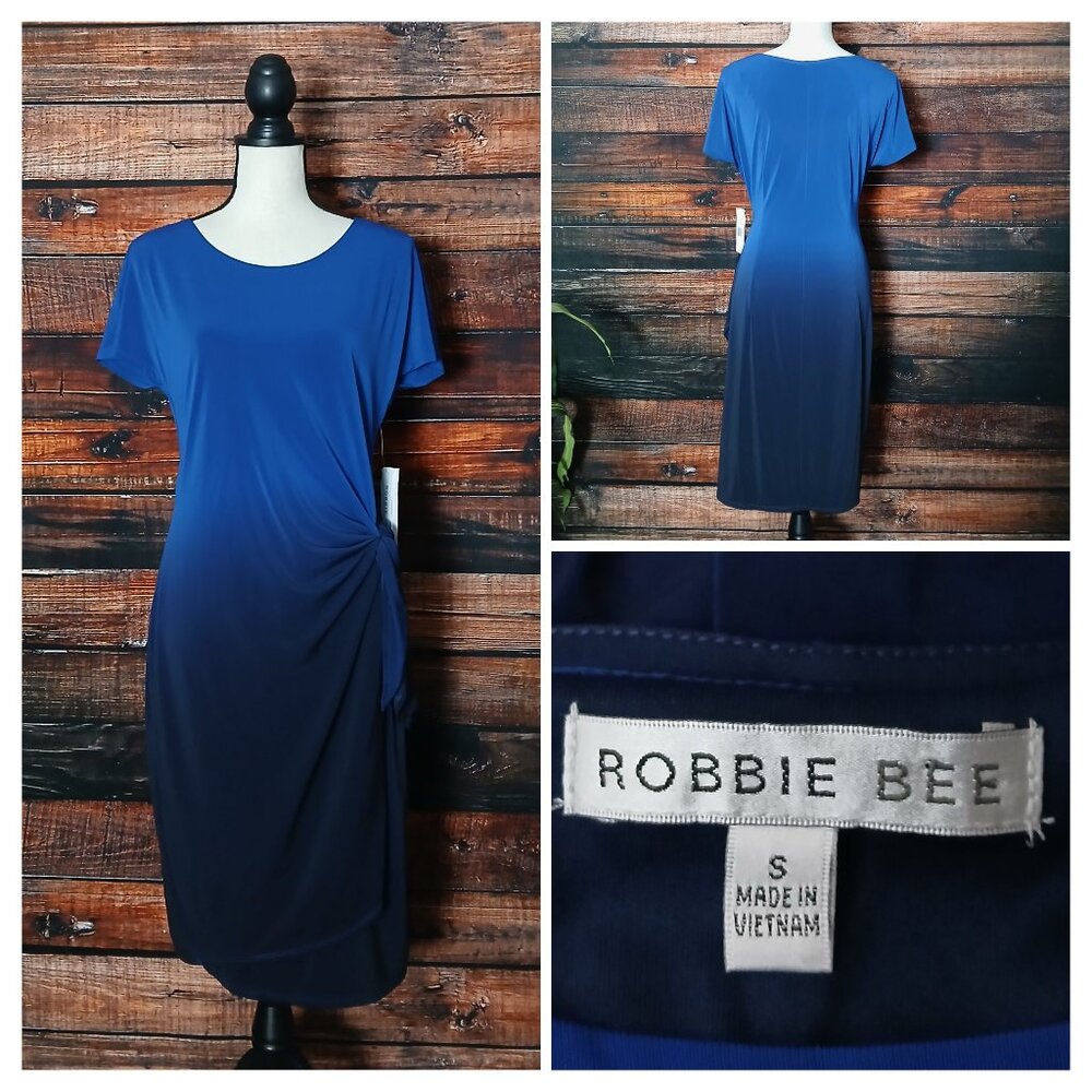 NWT Robbie Bee Wrap Dress S Navy Blue Ombre Tie Waist Stretch